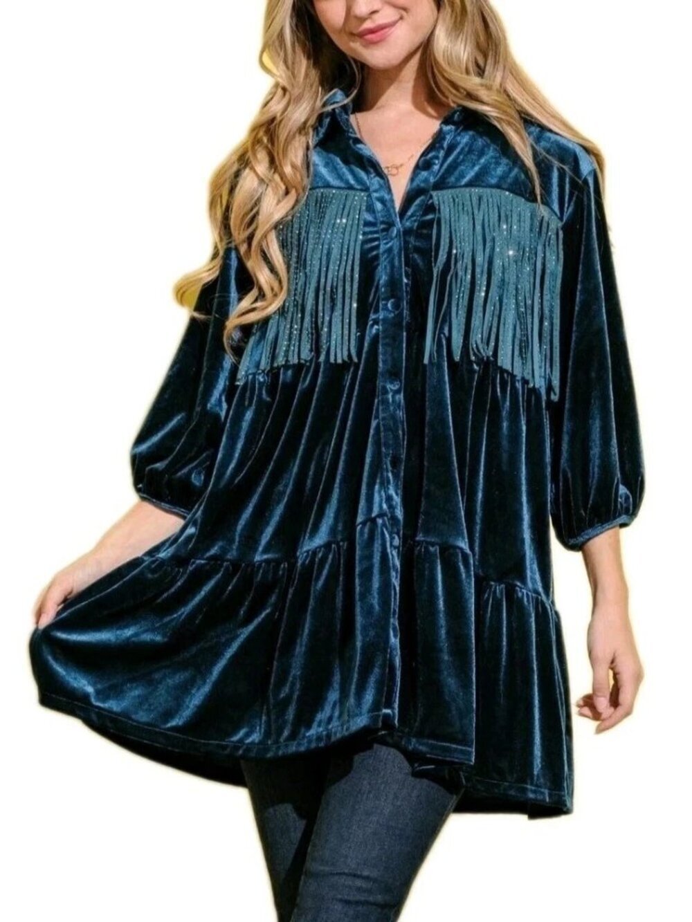 And The Why Green Blue Tunic Top Velvet Mini Dress Fringe Detailed